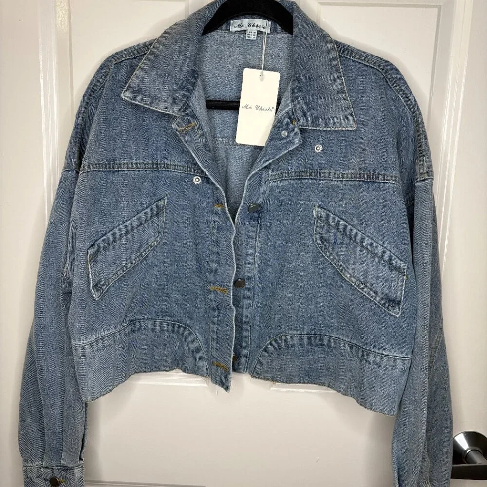 Bold Bib Collar Blue Jean Jacket – Trendy Cropped Cut - Picture 7 of 15